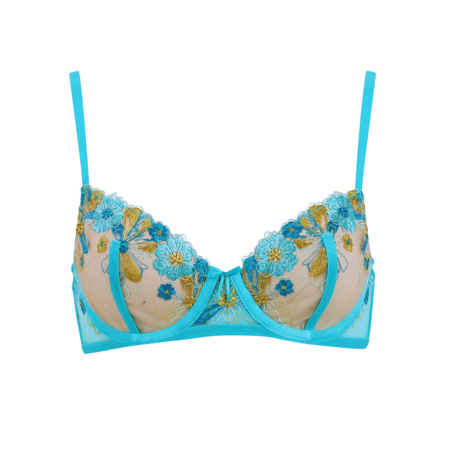 Love, Vera Embroidered Floral Unlined Balconette Bra Blue Curacao