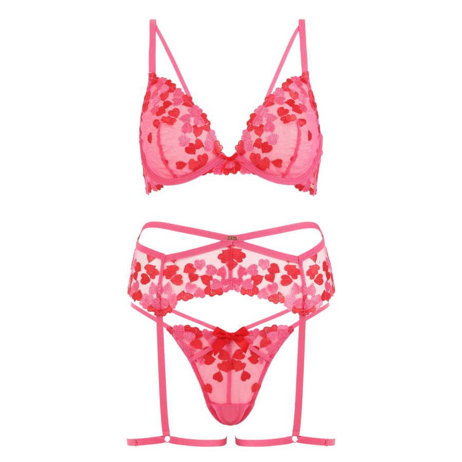 Embroidered Heart Three Piece Garter Set Bubblegum Pink Curvy – Love, Vera
