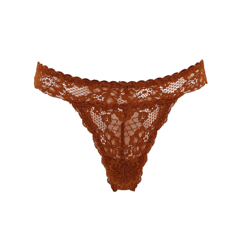 Love, Vera Nude Floral Lace & Mesh Thong Butter Toffee